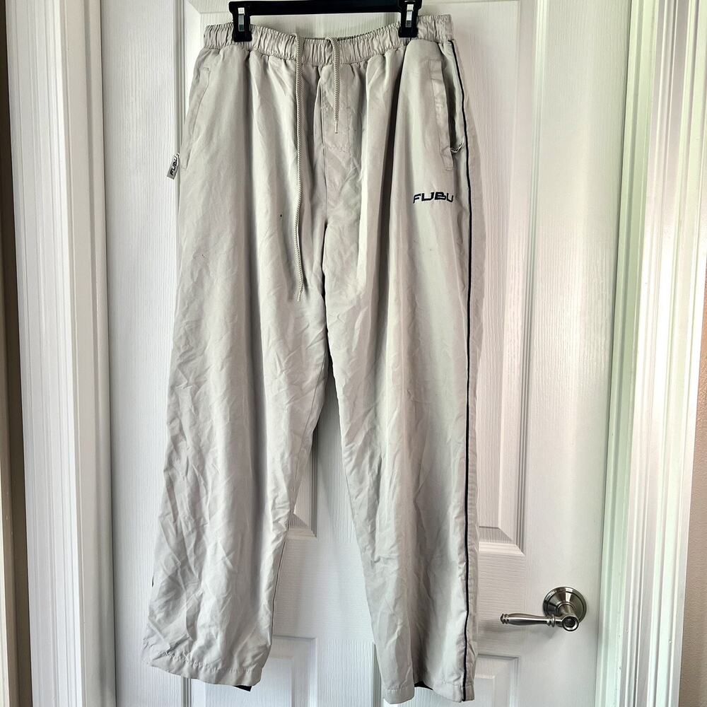 Vintage FUBU Y2K Mens Track Pants Large Gray Logo Zip Pockets 90s Street Wear